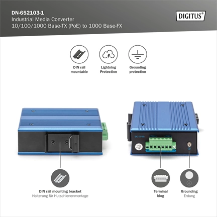 DIGITUS DN-652103-1 Gigabit 1x GbE Lan port SFP modul nélküli ipari média konverter