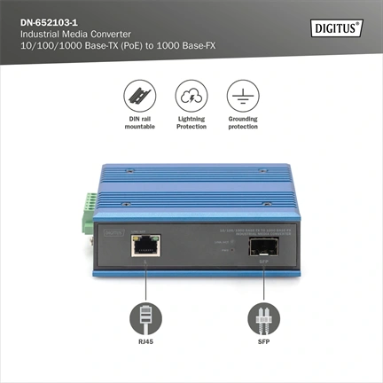 DIGITUS DN-652103-1 Gigabit 1x GbE Lan port SFP modul nélküli ipari média konverter