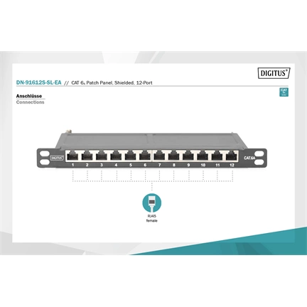 DIGITUS DN-91612S-SL-EA CAT6A 12port 10" 0,5U fekete árnyékolt Patch Panel
