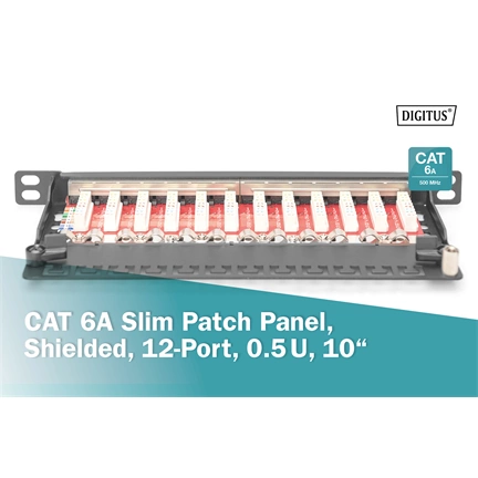 DIGITUS DN-91612S-SL-EA CAT6A 12port 10" 0,5U fekete árnyékolt Patch Panel