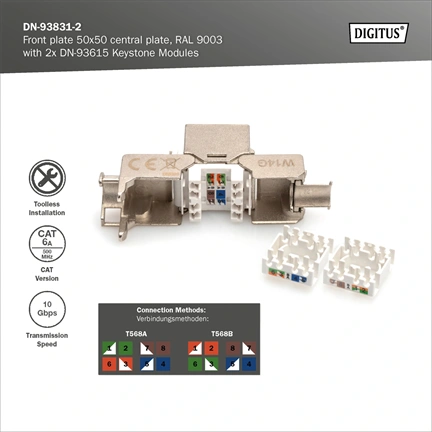 DIGITUS DN-93831-2 Front plate 50x50 central plate, RAL9003 with 2x DN-93615-S Keystone Modules