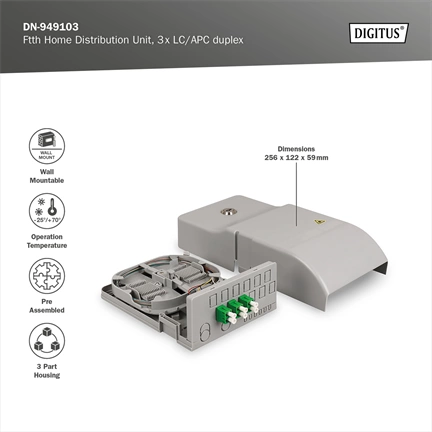 DIGITUS DN-949103 24 szálas 3x LC/APC duplex monomódusú OS2 IP54 FTTH elosztó doboz toldóval