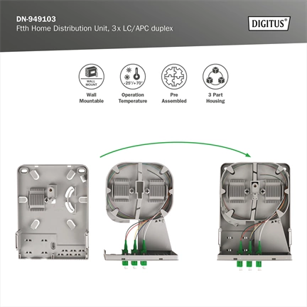 DIGITUS DN-949103 24 szálas 3x LC/APC duplex monomódusú OS2 IP54 FTTH elosztó doboz toldóval