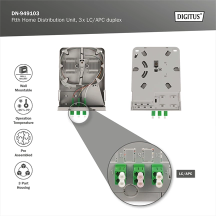 DIGITUS DN-949103 24 szálas 3x LC/APC duplex monomódusú OS2 IP54 FTTH elosztó doboz toldóval