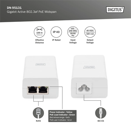 DIGITUS DN-95131 48V 0.32A 802.3af aktív Poe tápegység Gigabit LAN porttal