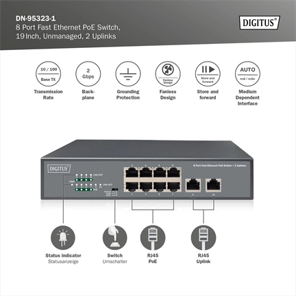 DIGITUS DN-95323-1 8x 10/100Mbps FE Lan port 2x uplink port PoE 120W nem menedzselhető asztali switch