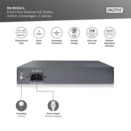 DIGITUS DN-95323-1 8x 10/100Mbps FE Lan port 2x uplink port PoE 120W nem menedzselhető asztali switch
