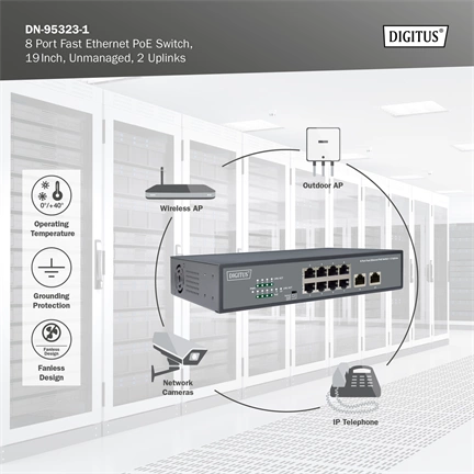 DIGITUS DN-95323-1 8x 10/100Mbps FE Lan port 2x uplink port PoE 120W nem menedzselhető asztali switch