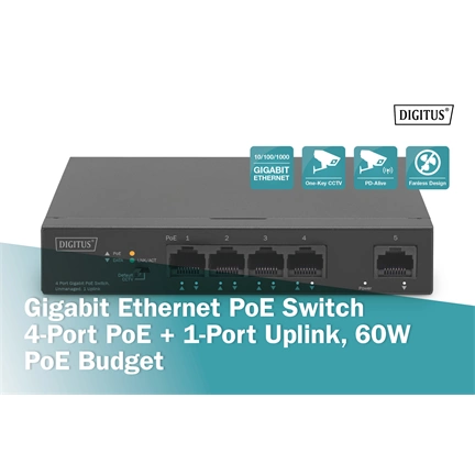 DIGITUS DN-95330-1 4x GbE Lan port PoE 60W nem menedzselhető asztali switch