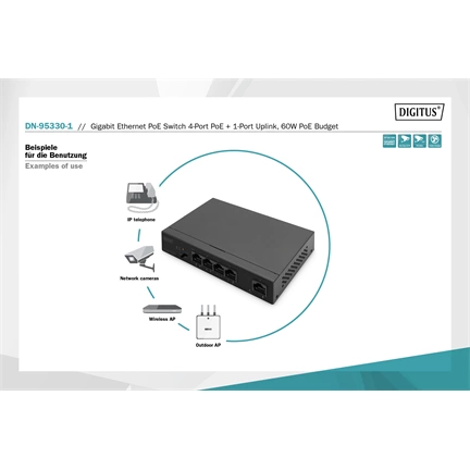 DIGITUS DN-95330-1 4x GbE Lan port PoE 60W nem menedzselhető asztali switch