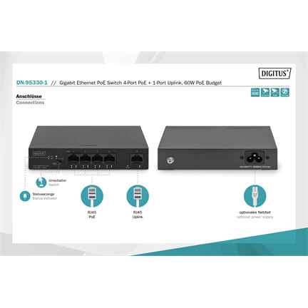 DIGITUS DN-95330-1 4x GbE Lan port PoE 60W nem menedzselhető asztali switch