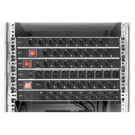 DIGITUS DN-95403 19" 1U PDU 250V 16A 7xCEE7/3 aljzat CEE7/7 csatlakozó kapcsolóval 2M elosztósor