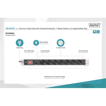 DIGITUS DN-95403 19" 1U PDU 250V 16A 7xCEE7/3 aljzat CEE7/7 csatlakozó kapcsolóval 2M elosztósor