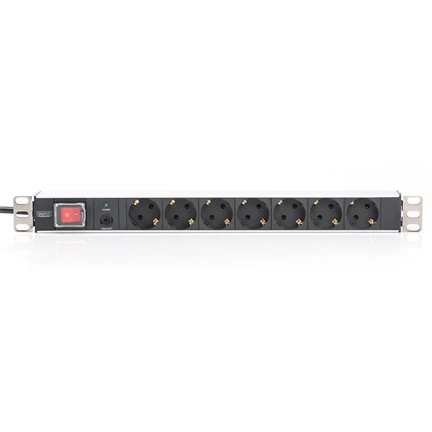 DIGITUS DN-95403 19" 1U PDU 250V 16A 7xCEE7/3 aljzat CEE7/7 csatlakozó kapcsolóval 2M elosztósor