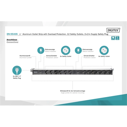 DIGITUS DN-95405 0U PDU függőleges 250V 2x16A 12xCEE7/3 aljzat CEE7/7 csatlakozó 2M elosztósor