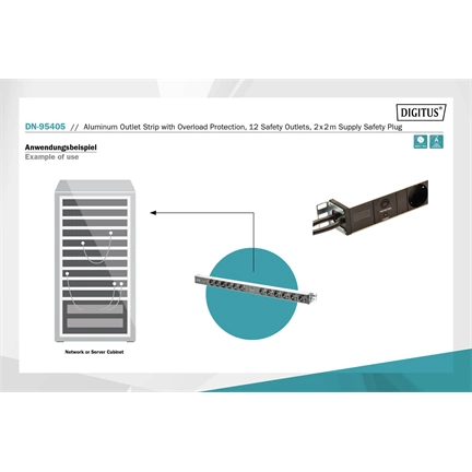 DIGITUS DN-95405 0U PDU függőleges 250V 2x16A 12xCEE7/3 aljzat CEE7/7 csatlakozó 2M elosztósor