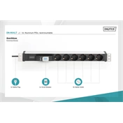DIGITUS DN-95417 19" 1U PDU 250V 16A 6xCEE 7/3 aljzat CEE7/7 csatlakozó megszakítóval 2M elosztósor