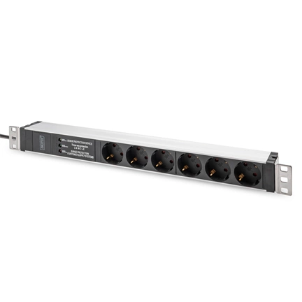 DIGITUS DN-95432 19" 1U PDU 230V 16A 6xCEE 7/3 aljzat CEE7/7 csatlakozó túlfeszültség védelemmel 2M elosztósor