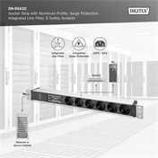 DIGITUS DN-95432 19" 1U PDU 230V 16A 6xCEE 7/3 aljzat CEE7/7 csatlakozó túlfeszültség védelemmel 2M elosztósor
