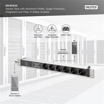 DIGITUS DN-95432 19" 1U PDU 230V 16A 6xCEE 7/3 aljzat CEE7/7 csatlakozó túlfeszültség védelemmel 2M elosztósor