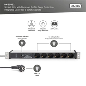 DIGITUS DN-95432 19" 1U PDU 230V 16A 6xCEE 7/3 aljzat CEE7/7 csatlakozó túlfeszültség védelemmel 2M elosztósor