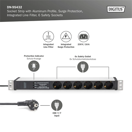 DIGITUS DN-95432 19" 1U PDU 230V 16A 6xCEE 7/3 aljzat CEE7/7 csatlakozó túlfeszültség védelemmel 2M elosztósor