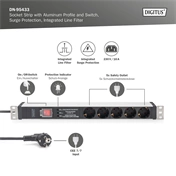 DIGITUS DN-95433 19" 1U PDU 230V 16A 5xCEE 7/3 aljzat CEE7/7 csatlakozó túlfeszültség védelemmel 2M elosztósor