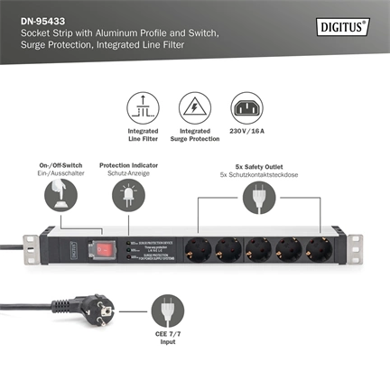 DIGITUS DN-95433 19" 1U PDU 230V 16A 5xCEE 7/3 aljzat CEE7/7 csatlakozó túlfeszültség védelemmel 2M elosztósor