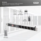 DIGITUS DN-95433 19" 1U PDU 230V 16A 5xCEE 7/3 aljzat CEE7/7 csatlakozó túlfeszültség védelemmel 2M elosztósor