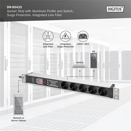 DIGITUS DN-95433 19" 1U PDU 230V 16A 5xCEE 7/3 aljzat CEE7/7 csatlakozó túlfeszültség védelemmel 2M elosztósor