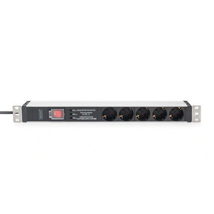 DIGITUS DN-95433 19" 1U PDU 230V 16A 5xCEE 7/3 aljzat CEE7/7 csatlakozó túlfeszültség védelemmel 2M elosztósor
