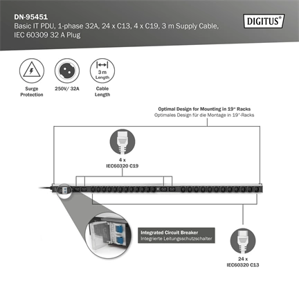 DIGITUS DN-95451 0U PDU függőleges 250V 32A 24xC13 4xC19 aljzat IEC 60309 ipari csatlakozó 3M elosztósor