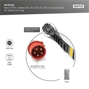 DIGITUS DN-95452  0U PDU függőleges 3 fázisú 250V 16A 24xC13 3xC19 aljzat IEC 60309 ipari csatlakozó 3M elosztósor
