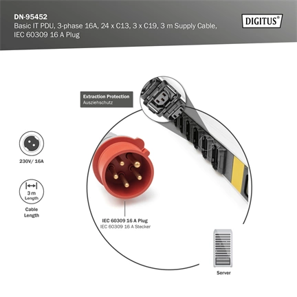 DIGITUS DN-95452  0U PDU függőleges 3 fázisú 250V 16A 24xC13 3xC19 aljzat IEC 60309 ipari csatlakozó 3M elosztósor