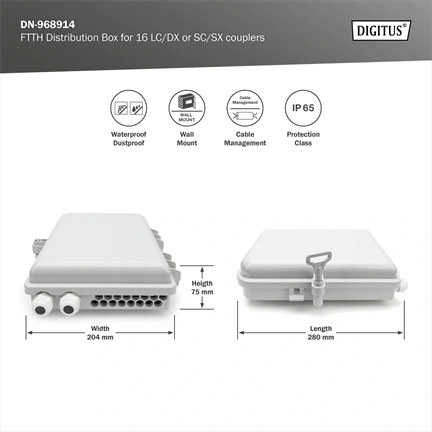 DIGITUS DN-968914 16 szálas 16x LC DX 16x SC SX IP65 kültéri optikai FTTH üres elosztó doboz