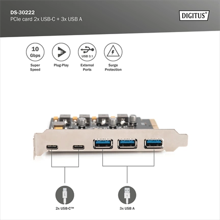 DIGITUS DS-30222 5 port USB 3.1 Gen2 Type-A/Type-C PCIe hálózati kártya