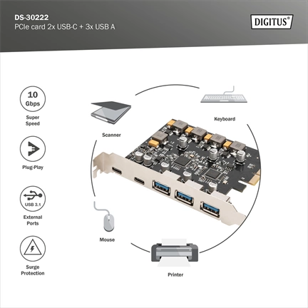 DIGITUS DS-30222 5 port USB 3.1 Gen2 Type-A/Type-C PCIe hálózati kártya