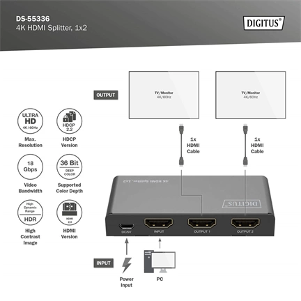 DIGITUS DS-55336 HDMI 4K 60Hz 1x2 Splitter