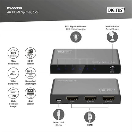 DIGITUS DS-55336 HDMI 4K 60Hz 1x2 Splitter