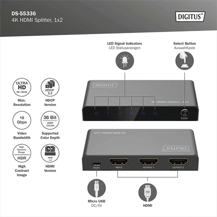 DIGITUS DS-55336 HDMI 4K 60Hz 1x2 Splitter