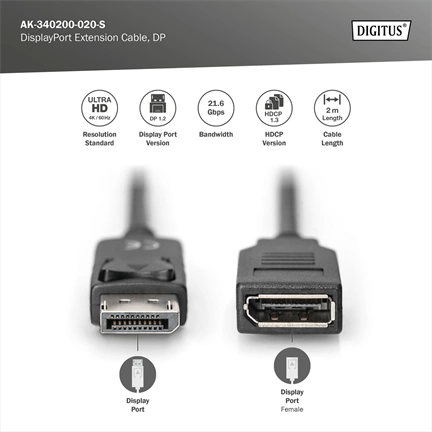 DIGITUS Full HD 4K 60Hz 1.2 DisplayPort hosszabbító kábel 2m