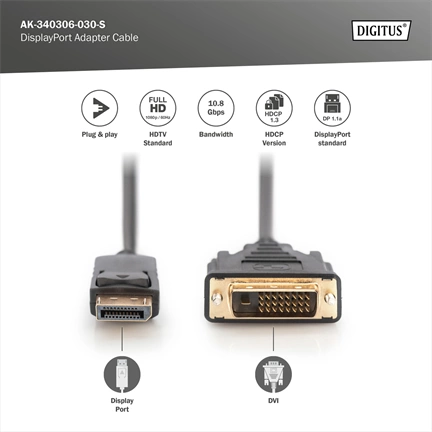 DIGITUS Full HD 60Hz 1.1a DisplayPort - DVI-D kábel 3m