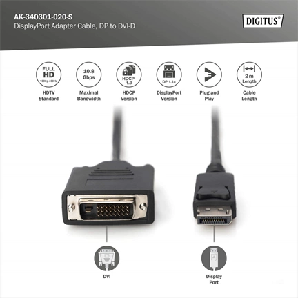 DIGITUS Full HD 60Hz DP-DVI - 1.1a DisplayPort kábel 2m