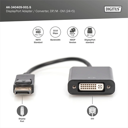 DIGITUS Full HD 60Hz Dual-Link 1.1a DisplayPort - DVI-I Adapter 0,15m