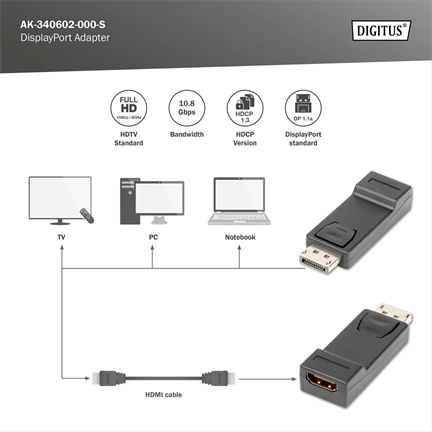 DIGITUS Full HD 60Hz Dual-Mode 1.1a DisplayPort - HDMI type A Adapter