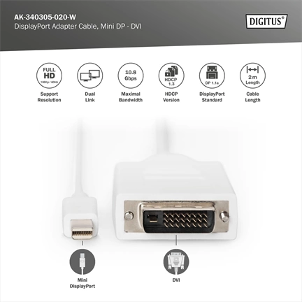 DIGITUS Full HD 60Hz Dual Link 1.1a mini DisplayPort - DVI-D kábel 2m
