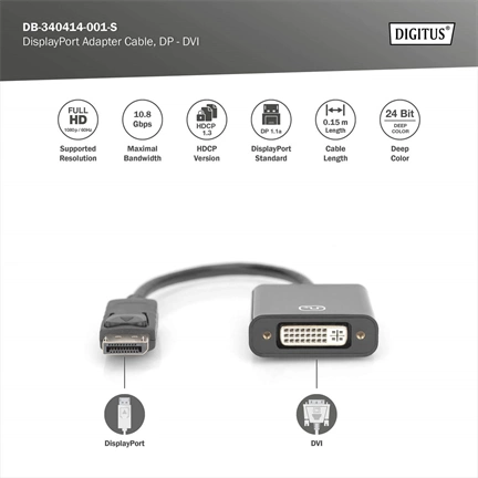 DIGITUS Full HD 60 Hz 1.1a DisplayPort - DVI-I Adapter 0,15m