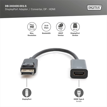DIGITUS Full HD 60 Hz Dual-Mode 1.1a DisplayPort - HDMI type A Adapter 0,15m