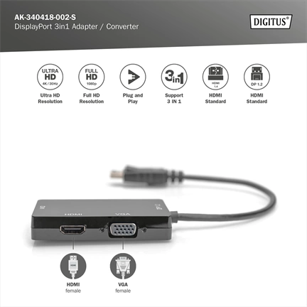 DIGITUS High Speed 1080P Full HD 4K DisplayPort 3in1 Multi Media Adapter