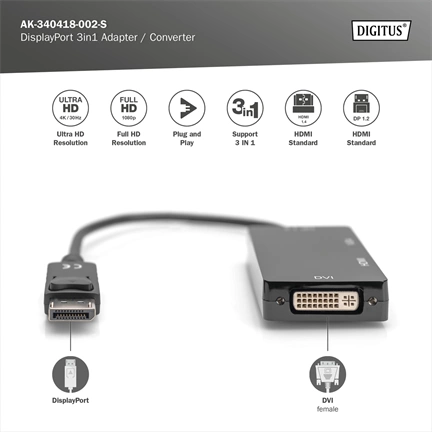 DIGITUS High Speed 1080P Full HD 4K DisplayPort 3in1 Multi Media Adapter